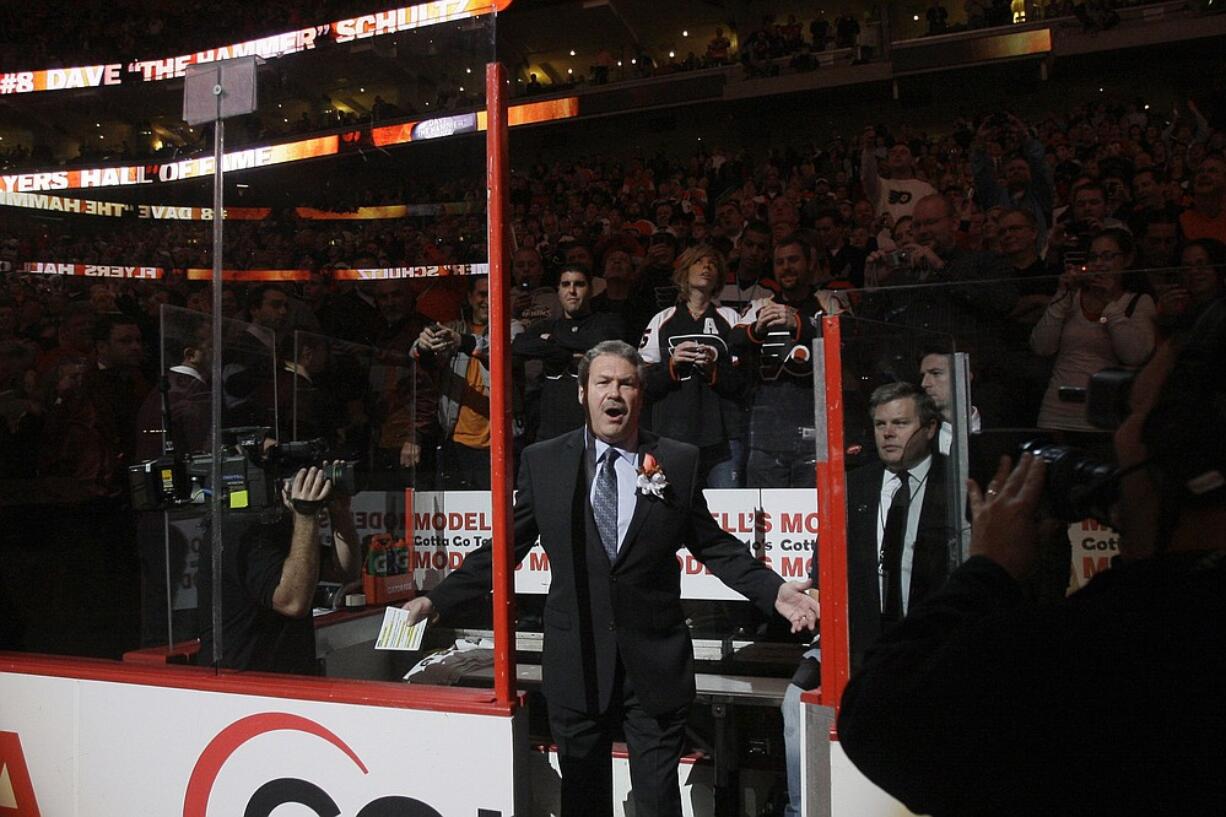 The Associated Press
Former Philadelphia Flyers' Dave Schultz is sent to the penalty box during his induction ceremony to the Flyers' Hall of Fame.