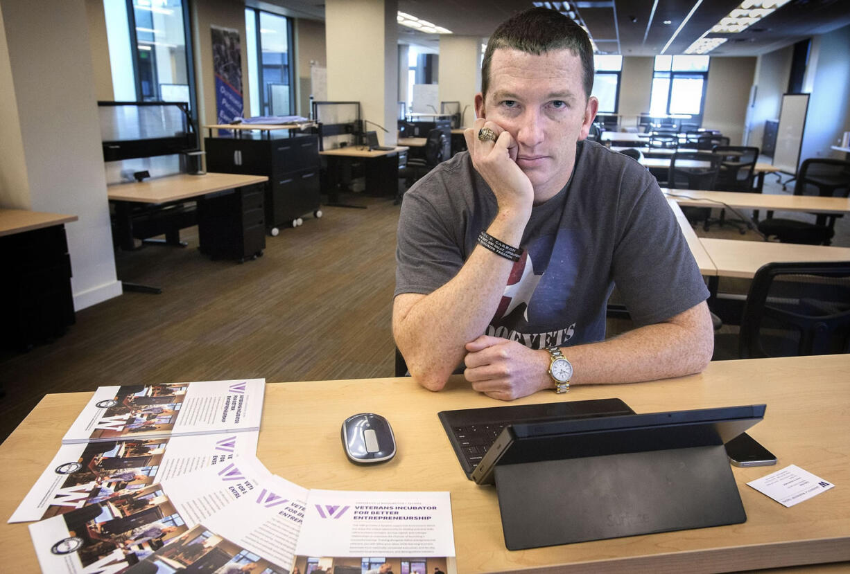 Stephen Buchanan pauses from his work at the Vibe business incubator at the University of Washington/Tacoma on Wednesday.