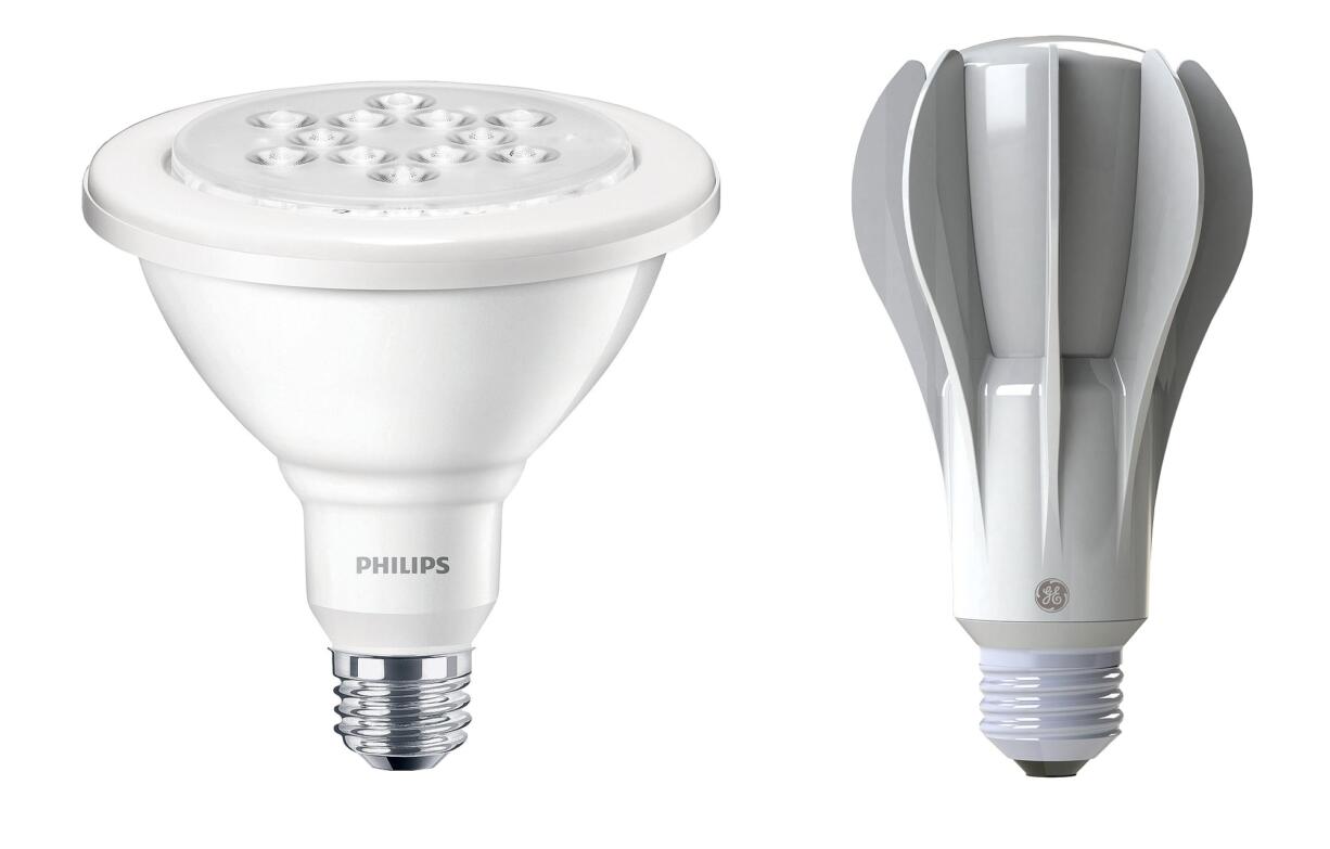 Left, the Philips Par 38 spotlight focuses a beam to light a small area; right, the A21 is the LED equivalent of an old 100-watt bulb.