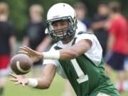 Evergreen High School wide receiver Justice Murphy at practice, Tuesday, June 3, 2014.