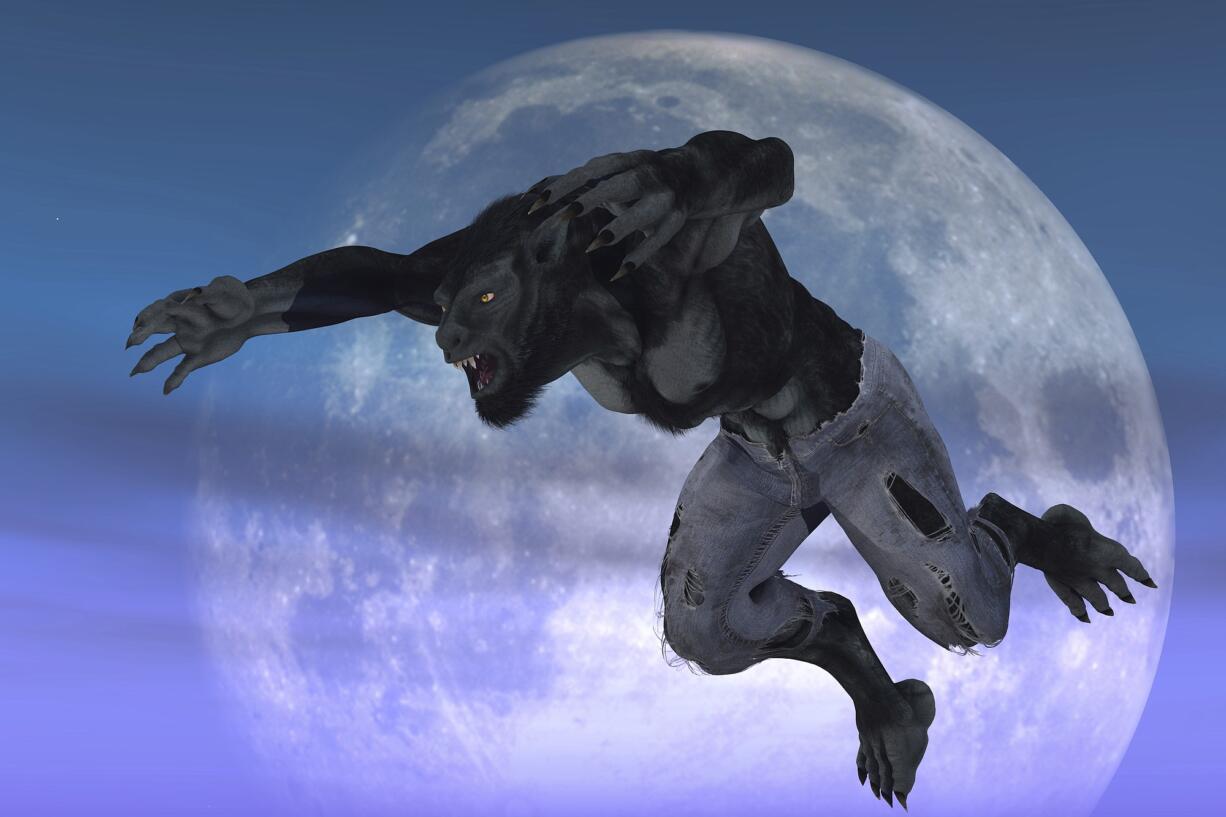 Werewolf in ragged jeans in leaping pose against moon backdrop