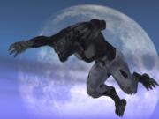 Werewolf in ragged jeans in leaping pose against moon backdrop