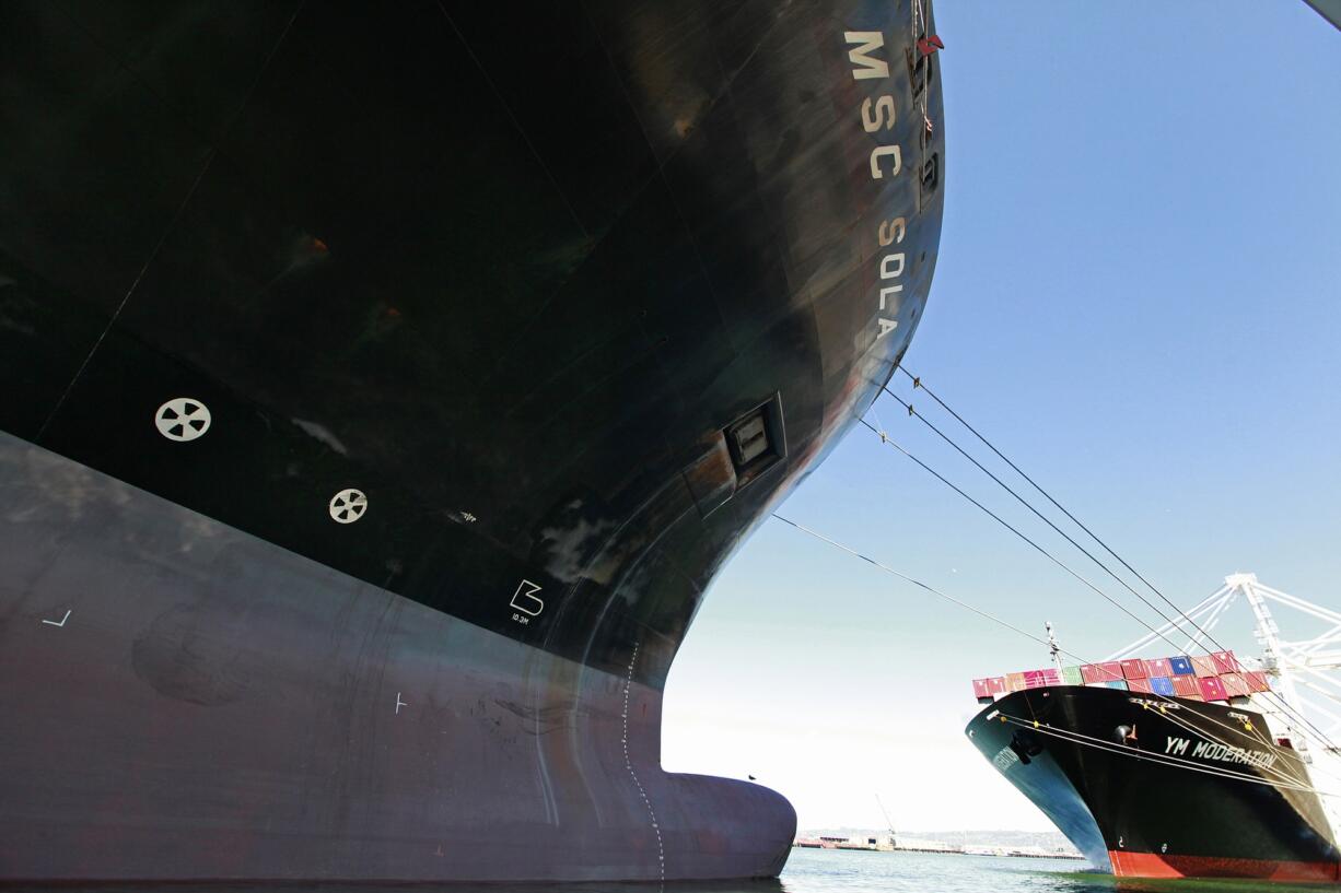 The mega-ship MSC Sola waits to be offloaded at berth 25 at the Ports of America at the Port of Oakland in Oakland on Feb.