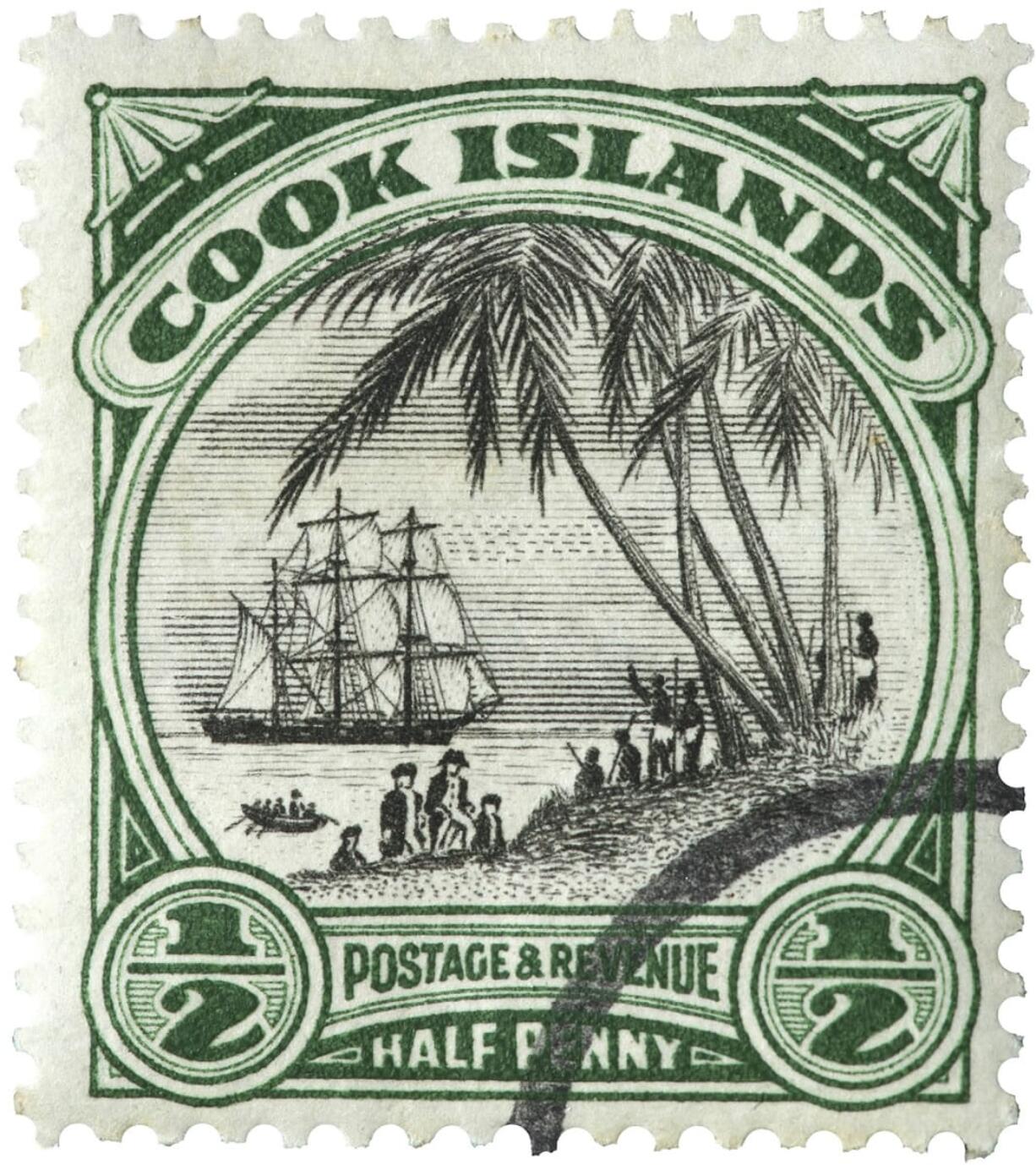 iStock
A stamp from the Cook Islands shows the 1773 arrival of British Capt. James Cook.