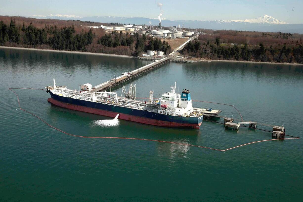 The oil and chemical tanker Overseas Sifnos is shown positioned at the Cherry Point Refinery near Ferndale.