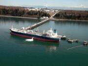 The oil and chemical tanker Overseas Sifnos is shown positioned at the Cherry Point Refinery near Ferndale.