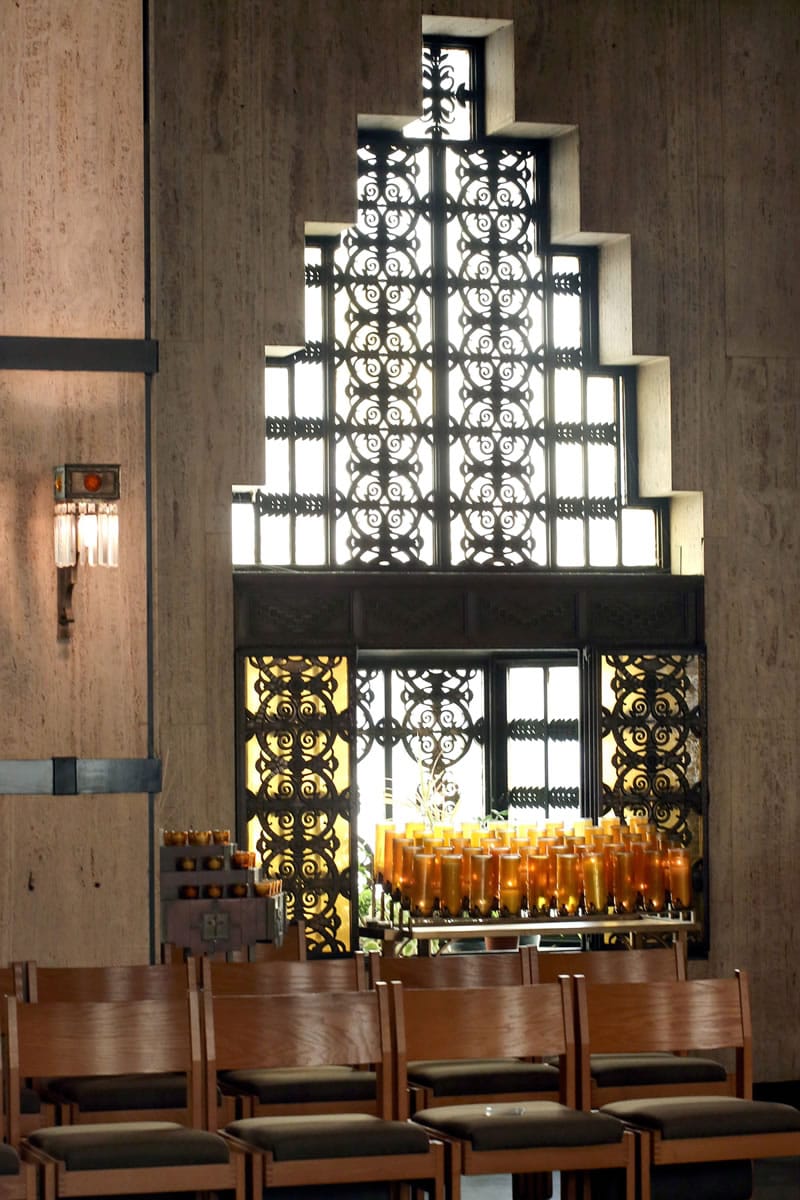 Art Deco design is seen in the windows in the chapel at the National Shrine of the Little Flower Roman Catholic Church in Royal Oak, Mich. Designed in an Art Deco style with an octagonal footprint around the altar that can seat about 3,000, the church was dedicated in 1936. (Jessica J.