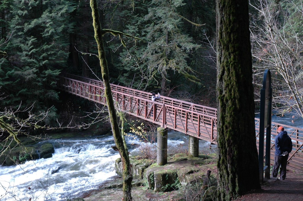 Lacamas Lake Regional Park visitors access the footbridge across Lower Falls on Lacamas Creek in this 2012 photo.