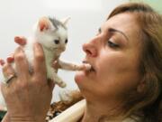 Gina St. George of Fort Lauderdale, Fla., holds her latest foster kitten, 4 1/2-week-old Derby. St. George fosters for the Cat Crusade rescue group and takes the kittens to work with her.