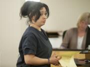 Marsha Perry, 36, makes her first appearance in Clark County Superior Court on April 27.