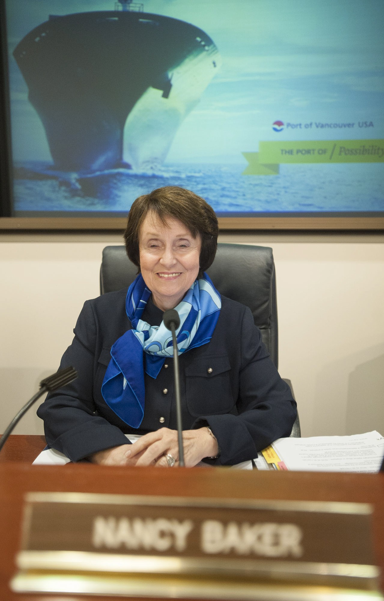 Port of Vancouver Commissioner Nancy Baker smiles during a meeting at the the Port of Vancouver on April 28.