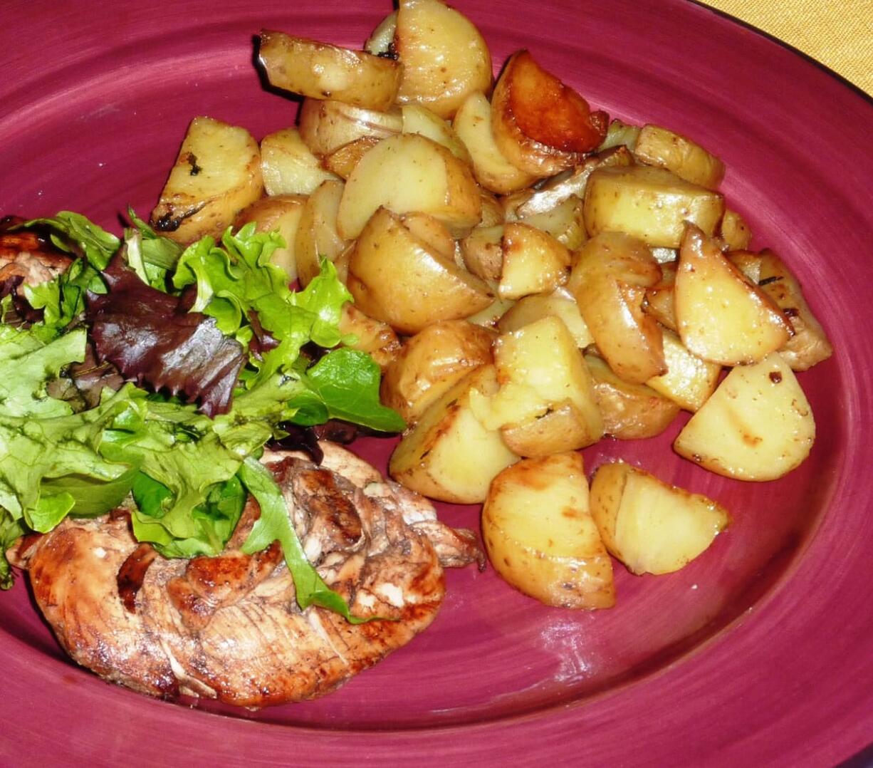 Chicken with Garlic Greens and Spicy Potatoes.