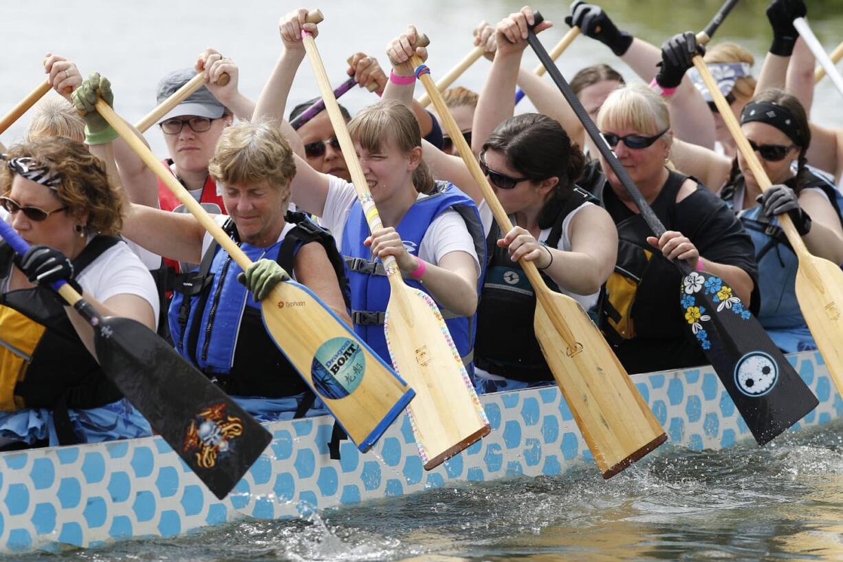 Dragon boat race participants paddle into position for race start at the 2014 Paddle for Life dragon boat festival at Vancouver Lake.