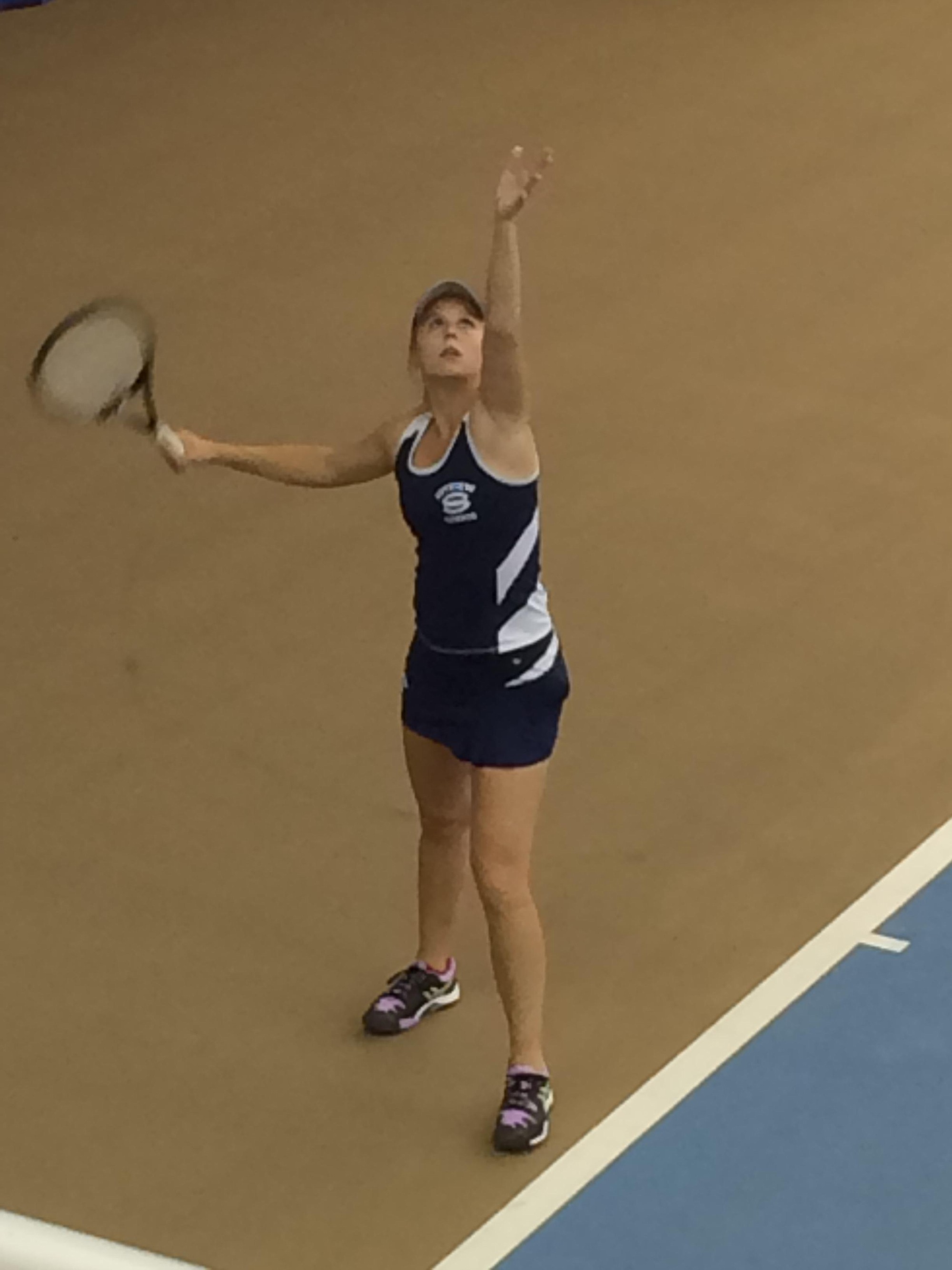 Skyview's Sammi Hampton serves during her 4A state quarterfinal match on Friday at Columbia Basin Court Club in Richland.