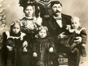 This is the family of Bernhardt Hepps, circa 1898. Back row: Abraham C.; Middle row: Berthe and Bernhardt; Front row: Olga, Hazel, and Jacob (Chick).