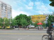 An artist's rendering of what a bus rapid transit station at downtown Vancouver's Turtle Place plaza could look like.