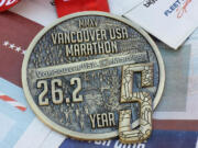 The finisher medals for the 2015 Vancouver USA Marathon