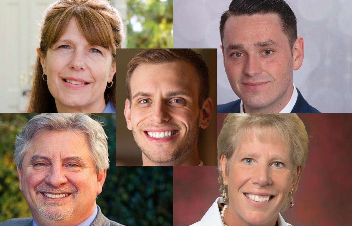 Clark County Council District 2 candidates, clockwise from top left: Mary Benton, Republican; Tanner Martin, no party preference; Julie Olson, Republican; Chuck Green, Democrat; and Mike Pond, Democrat, center.