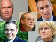 Clark County Council chair candidates, clockwise from top left: Marc Boldt, no party preference; David Madore,
Republican; Jeanne Stewart, Republican; Mike Dalesandro, Democrat; and Tom Mielke, Republican, center.