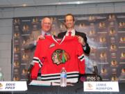 Portland Winterhawks head coach/general manager Jamie Kompon, right, with team president Doug Piper as the team introduced Kompon to his new position on Wednesday, July 9.