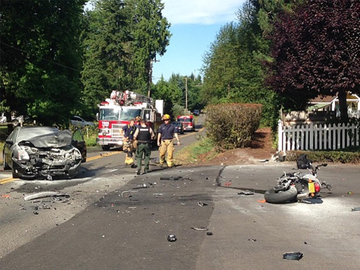 A 25-year-old man suffered serious injuries Sunday morning after his motorcycle collided with a Nissan Maxima on Northeast 159th Street, according to Clark County Fire &amp; Rescue.