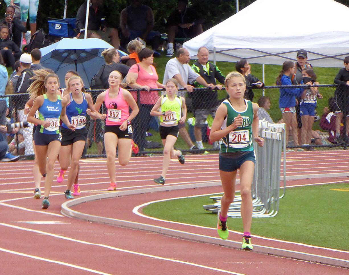 Rachel Blair kicks to a National Junior Olympic Championship in the 3,000-meter run for the Evergreen Storm Track Club Saturday, in Jacksonville, Florida.