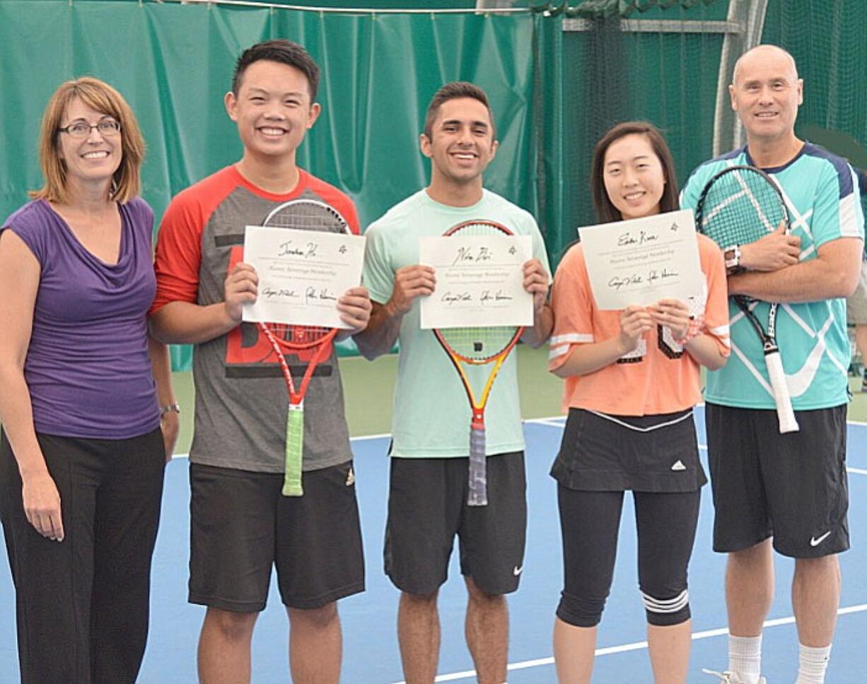 Pictured (left to right) are Evergreen Tennis Manager Caryn Vitek, interns Jonathan Ho, Nitin Beri, Esther Kwon, and Junior Program Head Pro John Heim.