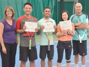 Pictured (left to right) are Evergreen Tennis Manager Caryn Vitek, interns Jonathan Ho, Nitin Beri, Esther Kwon, and Junior Program Head Pro John Heim.