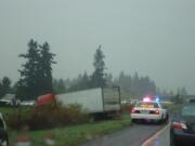 A jackknifed tractor-trailer between Mill Plain Boulevard and State Route 500 backed up traffic in both directions of Interstate 205 on Sunday afternoon.