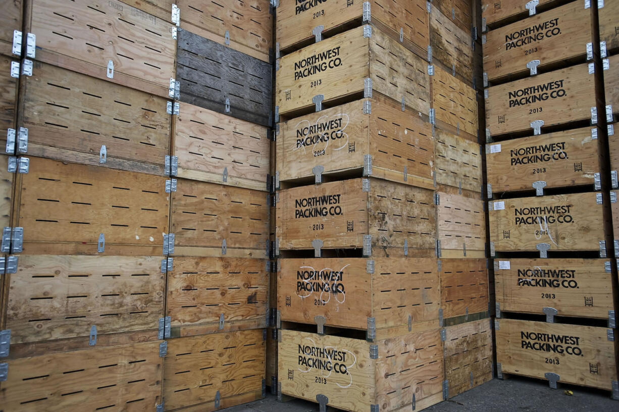 Empty bins that are used to hold produce during a tour of the Northwest Packing facility at the Port of Vancouver in 2013.