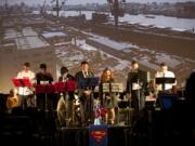 Mayor Tim Leavitt, center, Jim Mains and others star in a &quot;Golden Age of Radio&quot; presentation, featuring Leavitt as Superman and Lou Brancaccio as newspaper editor Perry White in a free event Thursday at the Kiggins Theatre in Vancouver.