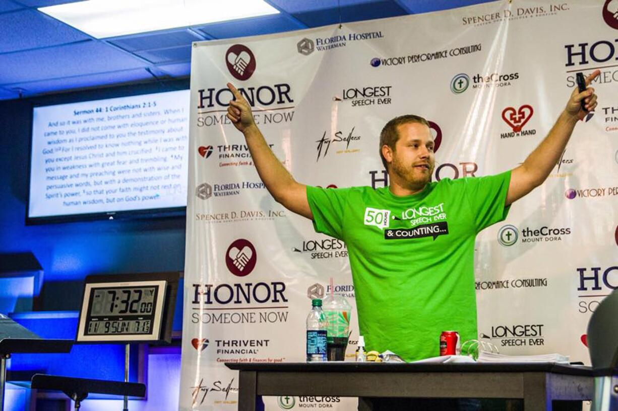 The Cross Mount Dora
Zach Zehnder, pastor for Cross Mount Dora Church, celebrates Nov. 9 in Mount Dora, Fla., as he breaks the Guinness World Record for the longest speech marathon, after he preached for 53 hours and 18 minutes.