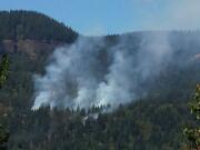 The Milepost 30 Fire burns in the western Columbia River Gorge on Saturday.