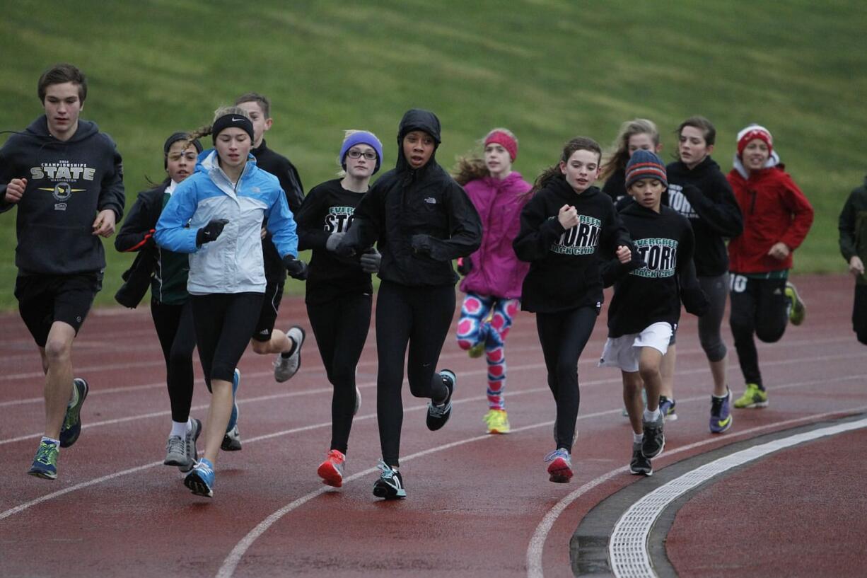 Evergreen Storm runners practice for the Junior Olympic national cross country championships in Myrtle Beach, SC.