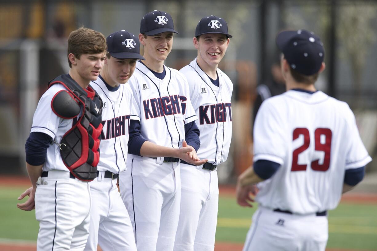 The starters are introduced as the King's Way Christian Knights take on Santiam High School at the Luke Jensen Sports Park, Friday, March 20, 2015.