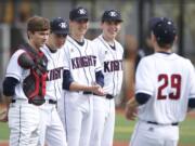 The starters are introduced as the King's Way Christian Knights take on Santiam High School at the Luke Jensen Sports Park, Friday, March 20, 2015.