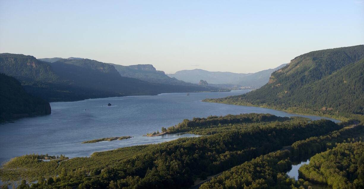 A view of the Columbia River Gorge looking east from Vista House as the sun sets in June 2011.