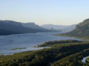 A view of the Columbia River Gorge looking east from Vista House as the sun sets in June 2011.