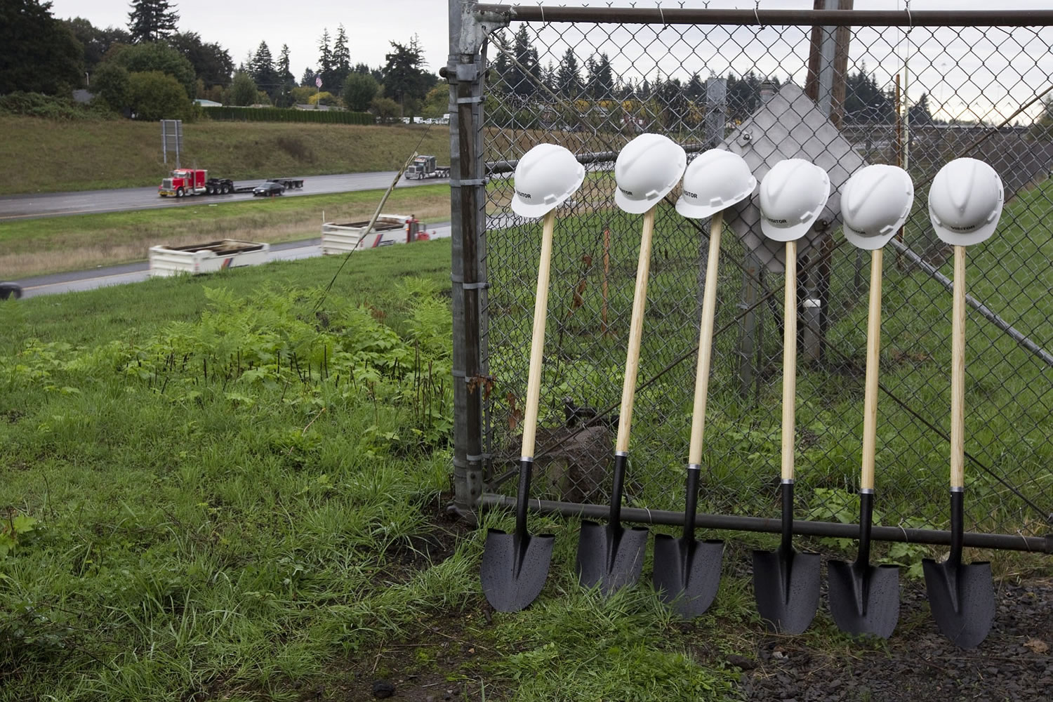 Shovels and hard hats await a ground-breaking ceremony Tuesday marking the start of work on a new interchange at Northeast 18th Street and Interstate 205 in Vancouver.