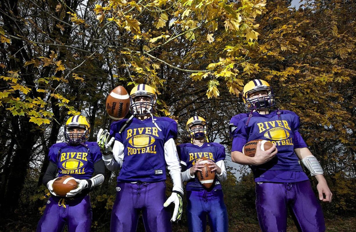 Columbia River's wide receivers, from left, Nathan Hawthorne, Jacob Bystry, Holden Fielding and Carson Bassett have combined for more than 1,600 yards and 28 touchdowns this season.