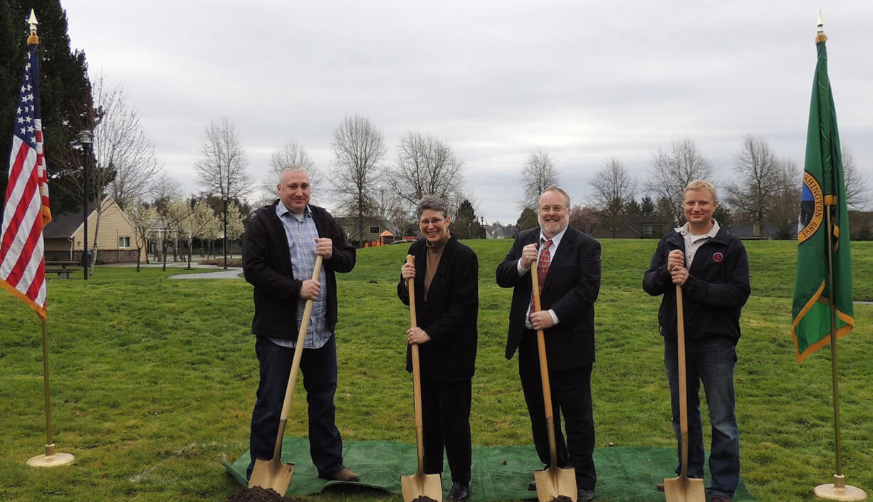 Battle Ground: Battle Ground Mayor Shane Bowman, left, Parks and Recreation Director Debbi Hanson, Park Advisory Board Chair Michael Brown and Kevin Tapani of Tapani Underground at the ground-breaking ceremony for the Battle Ground Veterans Memorial.