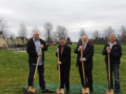 Battle Ground: Battle Ground Mayor Shane Bowman, left, Parks and Recreation Director Debbi Hanson, Park Advisory Board Chair Michael Brown and Kevin Tapani of Tapani Underground at the ground-breaking ceremony for the Battle Ground Veterans Memorial.