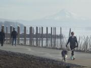 Briana McCartney walks with her dog, Gaia, along Vancouver's Waterfront Renaissance Trail, which reopened Friday after repairs to two sections damaged by high river flows in 2011 were completed.