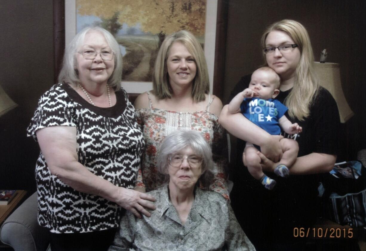 Ruth Wood of Vancouver (seated in front) was visited recently by family members from Lewiston, Idaho, including her great-great grandson, Emmett Lee Pearson, 4 months.