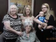 Ruth Wood of Vancouver (seated in front) was visited recently by family members from Lewiston, Idaho, including her great-great grandson, Emmett Lee Pearson, 4 months.