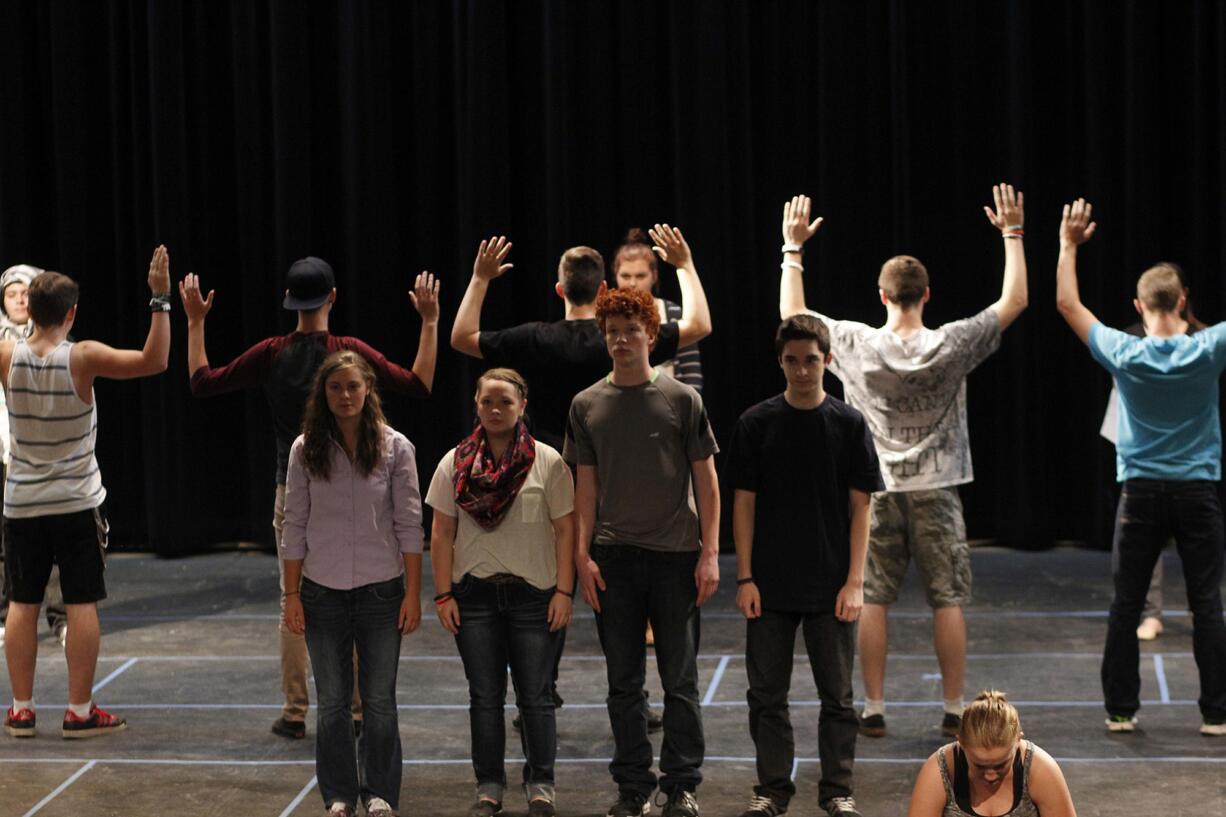 Photos courtesy of Evergreen High School
Danielle Lorange, from left, Moraina Deishl, Devin McDonald and Devon O'Brien rehearse Evergreen High School's production of &quot;The Investigation.&quot;