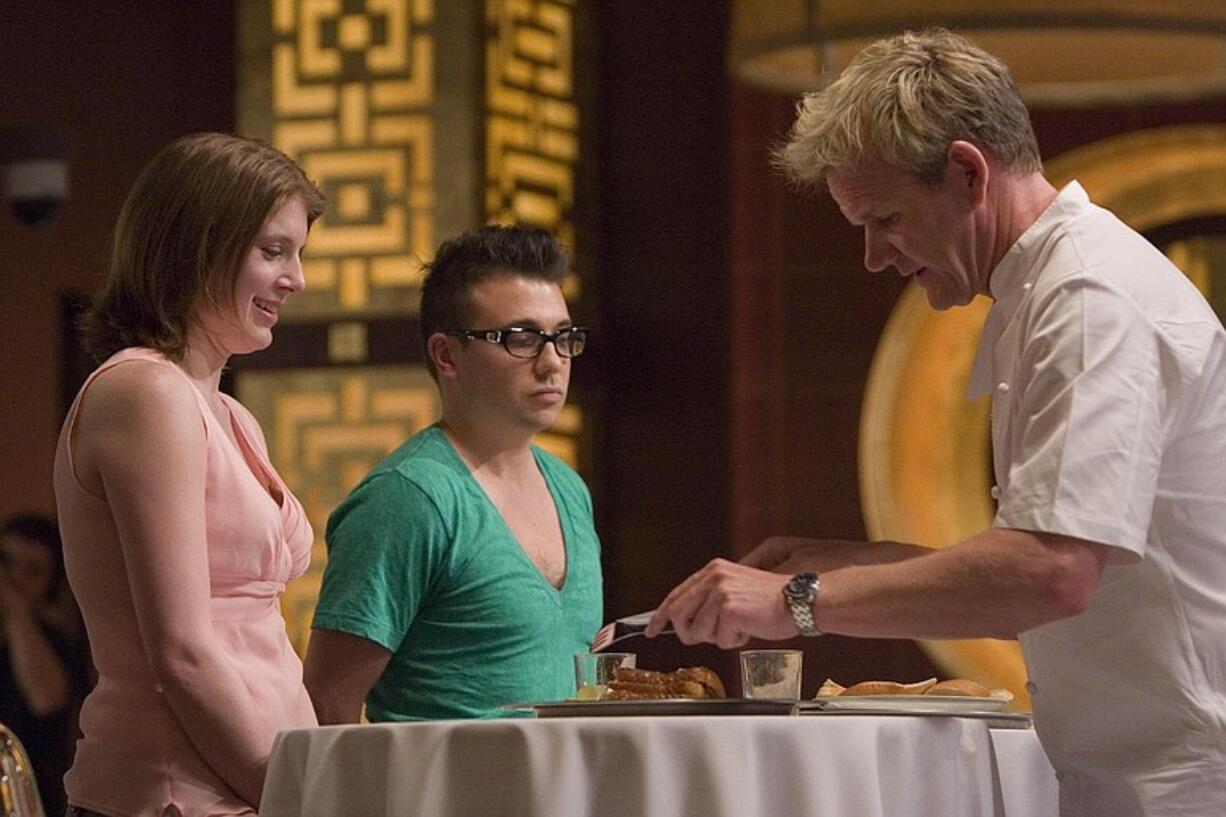 Skyview High School graduate Amanda Davenport, from left, and fellow contestant Tony D'Alessandro have their dishes tasted by Chef Gordon Ramsay during the season premiere of &quot;Hell's Kitchen.&quot;