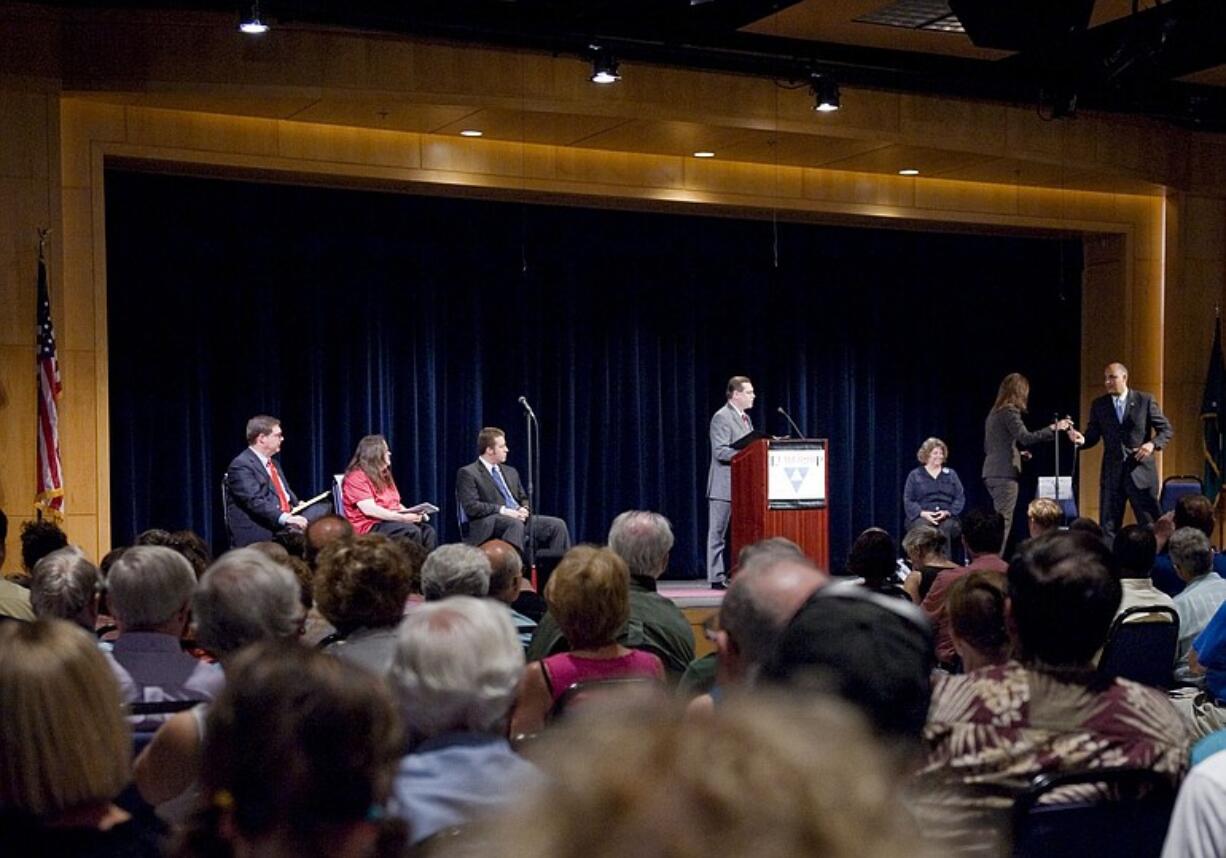 The six candidates for the 3rd District seat in the U.S. House of Representatives take center stage during a forum at Clark College on Thursday.