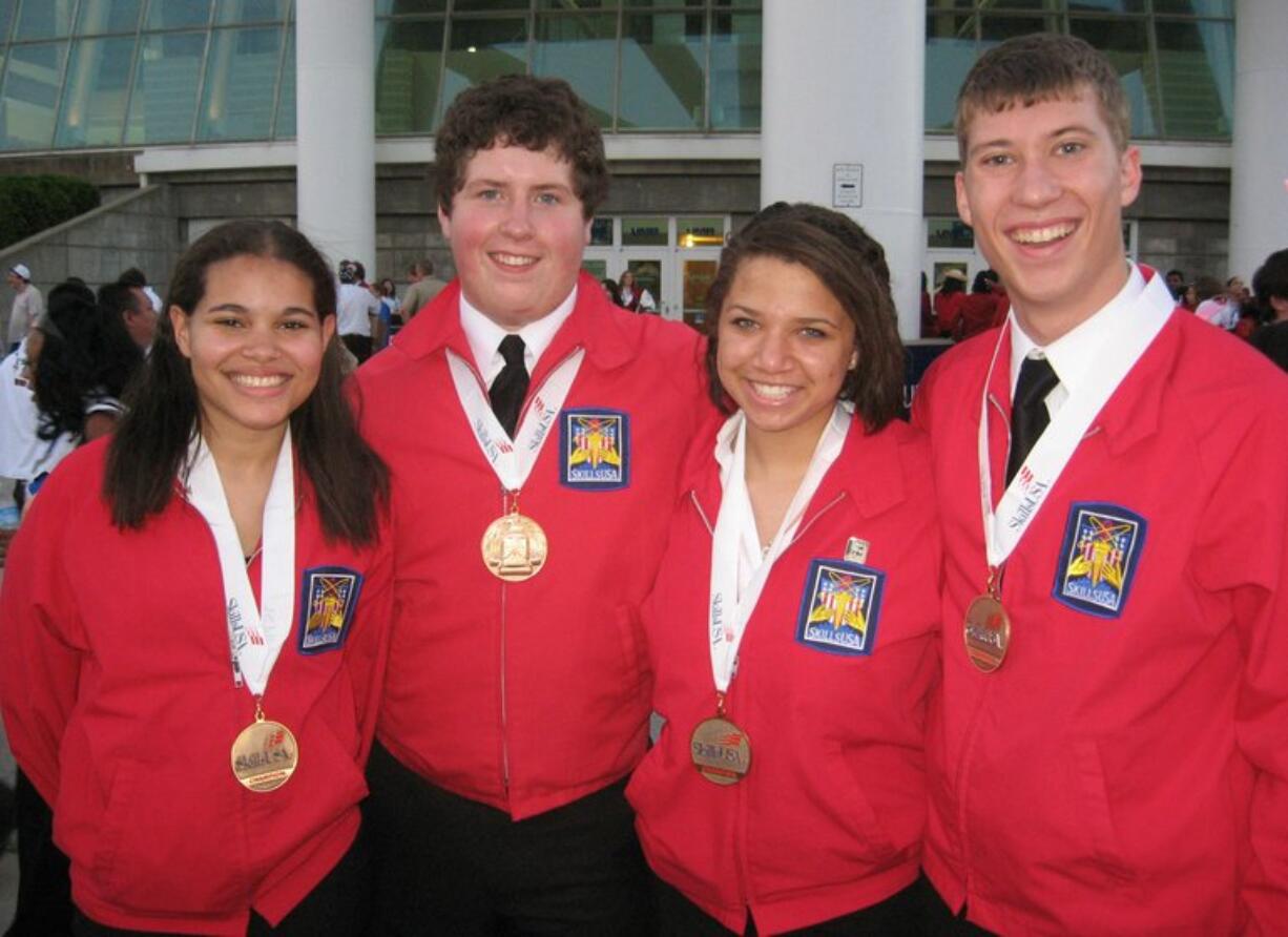 Columbia River students Aisha Woodburn, from left, Spencer Thomas, Felicia Fitzpatrick and Alan Grove won the bronze in broadcast news production at the SkillsUSA national conference.