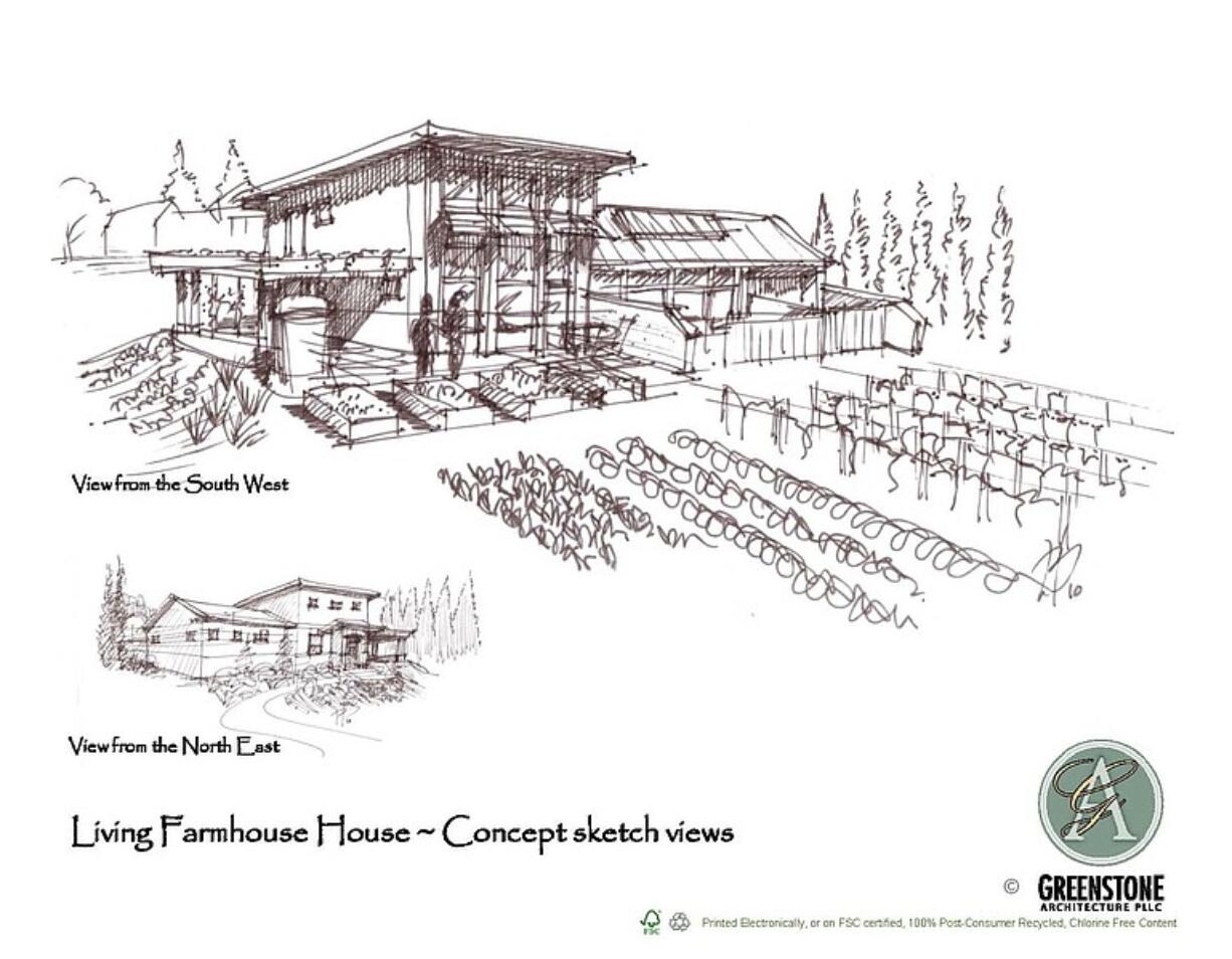 A preliminary concept sketch depicts a caretaker's house proposed for the old WSU Research Station property on 78th Street in Hazel Dell.